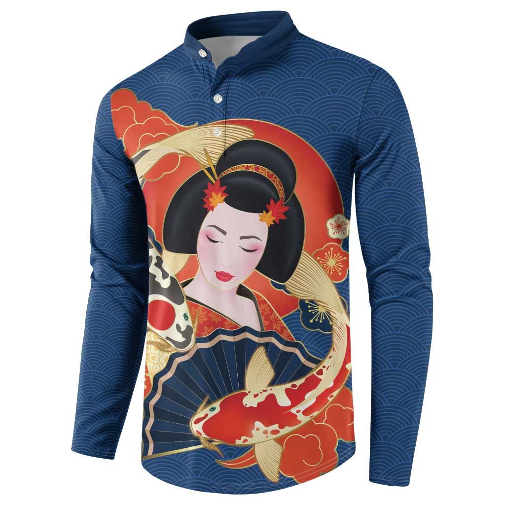 Japanese Geisha Koi Fish Button Sweatshirt Cherry Blossoms Blue Seigaiha Pattern - Polynesian Pride
