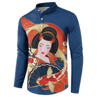 Japanese Geisha Koi Fish Button Sweatshirt Cherry Blossoms Blue Seigaiha Pattern - Polynesian Pride