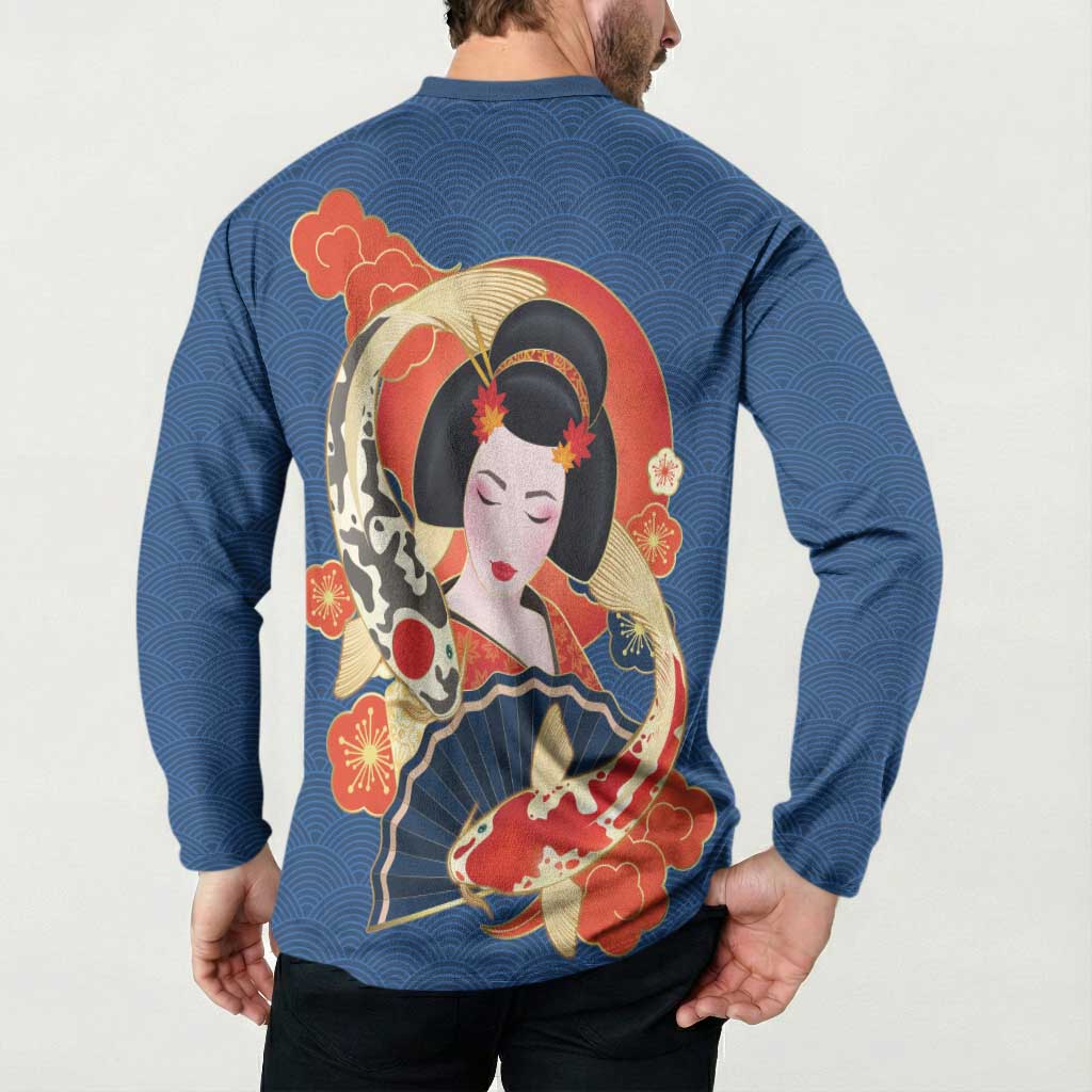 Japanese Geisha Koi Fish Button Sweatshirt Cherry Blossoms Blue Seigaiha Pattern - Polynesian Pride