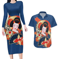 Japanese Geisha Koi Fish Couples Matching Long Sleeve Bodycon Dress and Hawaiian Shirt Cherry Blossoms Blue Seigaiha Pattern - Polynesian Pride