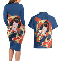 Japanese Geisha Koi Fish Couples Matching Long Sleeve Bodycon Dress and Hawaiian Shirt Cherry Blossoms Blue Seigaiha Pattern - Polynesian Pride
