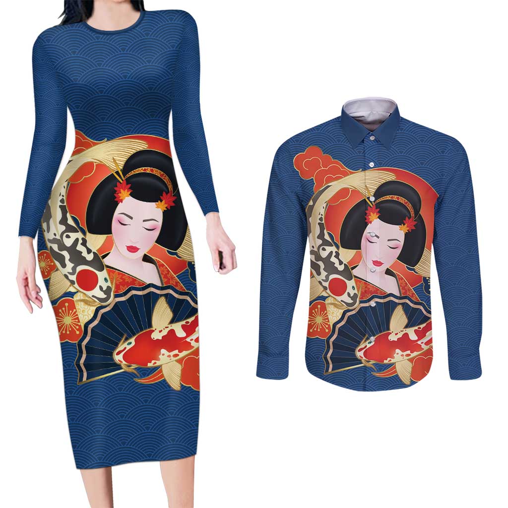 Japanese Geisha Koi Fish Couples Matching Long Sleeve Bodycon Dress and Long Sleeve Button Shirt Cherry Blossoms Blue Seigaiha Pattern - Polynesian Pride