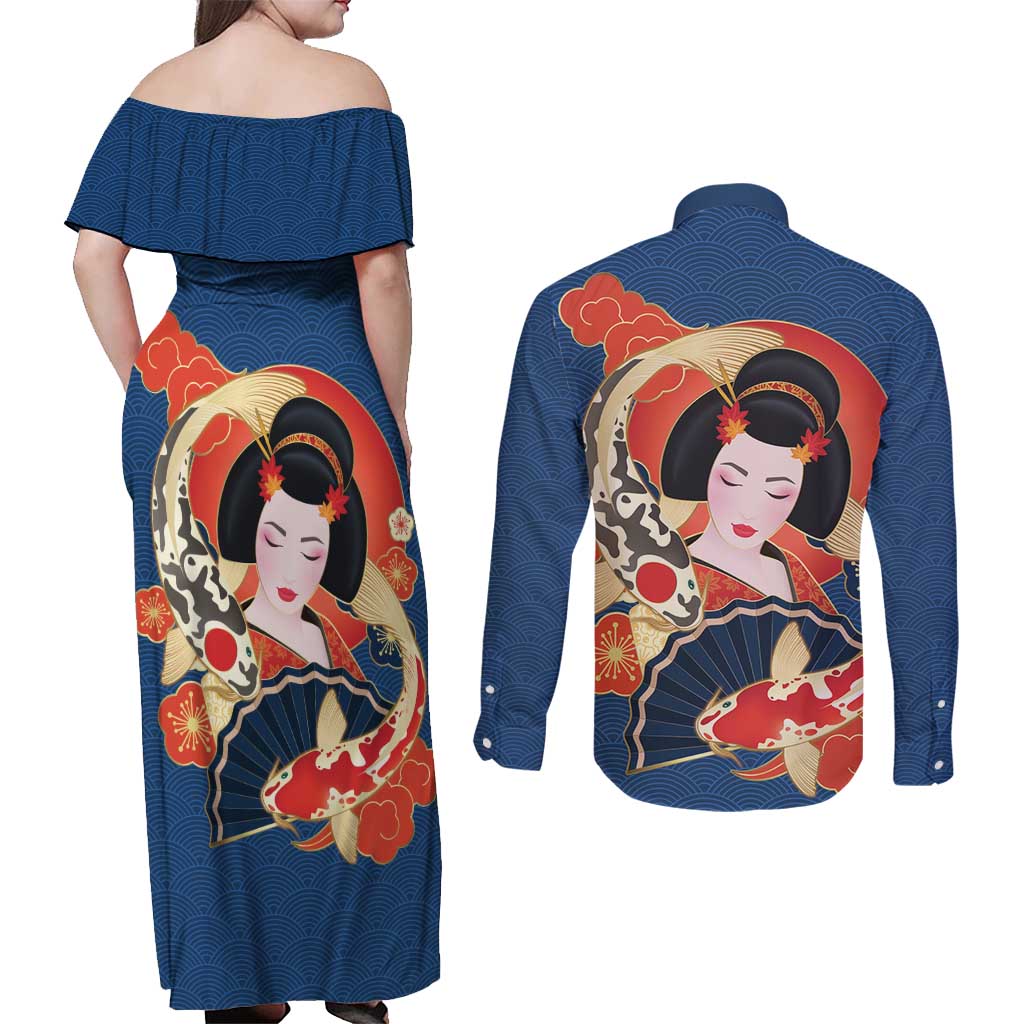 Japanese Geisha Koi Fish Couples Matching Off Shoulder Maxi Dress and Long Sleeve Button Shirt Cherry Blossoms Blue Seigaiha Pattern - Polynesian Pride