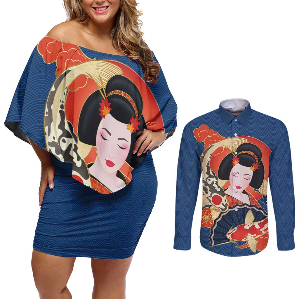Japanese Geisha Koi Fish Couples Matching Off Shoulder Short Dress and Long Sleeve Button Shirt Cherry Blossoms Blue Seigaiha Pattern - Polynesian Pride