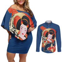 Japanese Geisha Koi Fish Couples Matching Off Shoulder Short Dress and Long Sleeve Button Shirt Cherry Blossoms Blue Seigaiha Pattern - Polynesian Pride