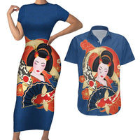 Japanese Geisha Koi Fish Couples Matching Short Sleeve Bodycon Dress and Hawaiian Shirt Cherry Blossoms Blue Seigaiha Pattern - Polynesian Pride