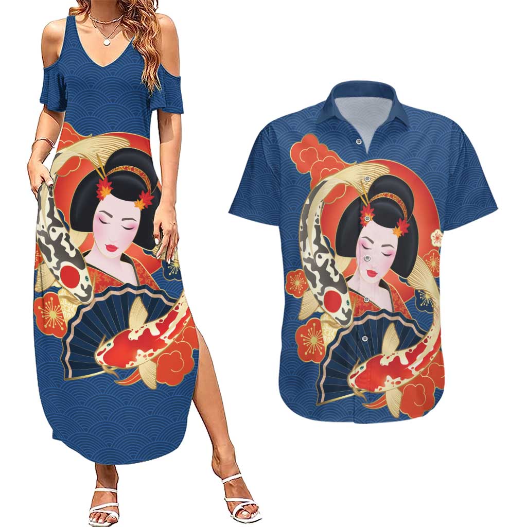 Japanese Geisha Koi Fish Couples Matching Summer Maxi Dress and Hawaiian Shirt Cherry Blossoms Blue Seigaiha Pattern - Polynesian Pride