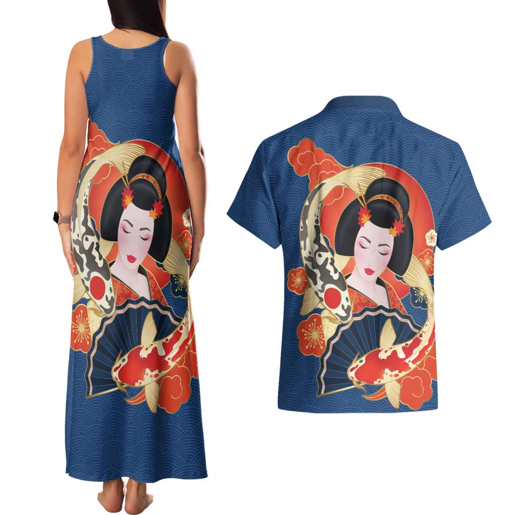 Japanese Geisha Koi Fish Couples Matching Tank Maxi Dress and Hawaiian Shirt Cherry Blossoms Blue Seigaiha Pattern - Polynesian Pride