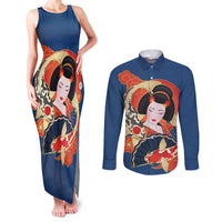 Japanese Geisha Koi Fish Couples Matching Tank Maxi Dress and Long Sleeve Button Shirt Cherry Blossoms Blue Seigaiha Pattern - Polynesian Pride
