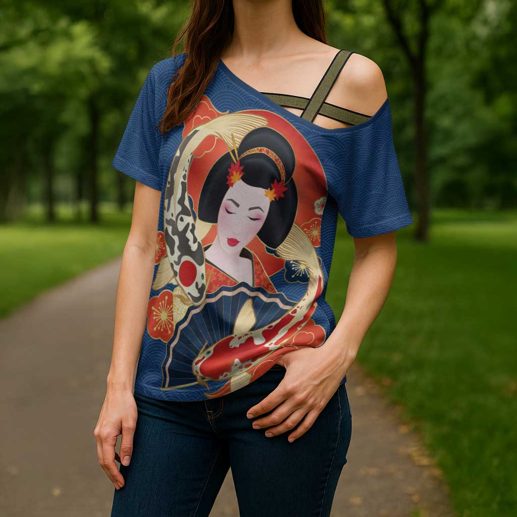 Japanese Geisha Koi Fish Cross Shoulder Shirt Cherry Blossoms Blue Seigaiha Pattern - Polynesian Pride