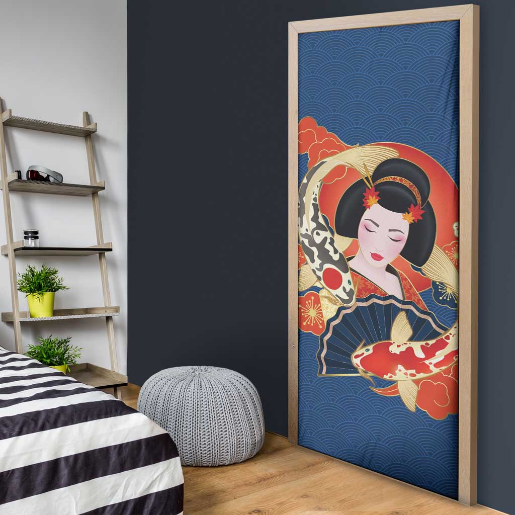 Japanese Geisha Koi Fish Door Cover Cherry Blossoms Blue Seigaiha Pattern - Polynesian Pride