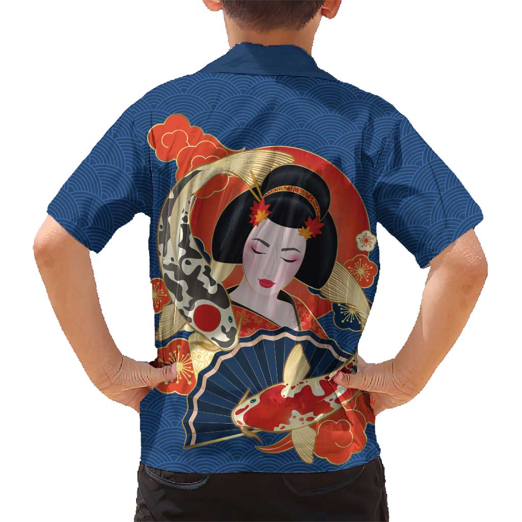 Japanese Geisha Koi Fish Family Matching Off The Shoulder Long Sleeve Dress and Hawaiian Shirt Cherry Blossoms Blue Seigaiha Pattern LT14 - Polynesian Pride