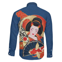 Japanese Geisha Koi Fish Family Matching Off The Shoulder Long Sleeve Dress and Hawaiian Shirt Cherry Blossoms Blue Seigaiha Pattern LT14 - Polynesian Pride