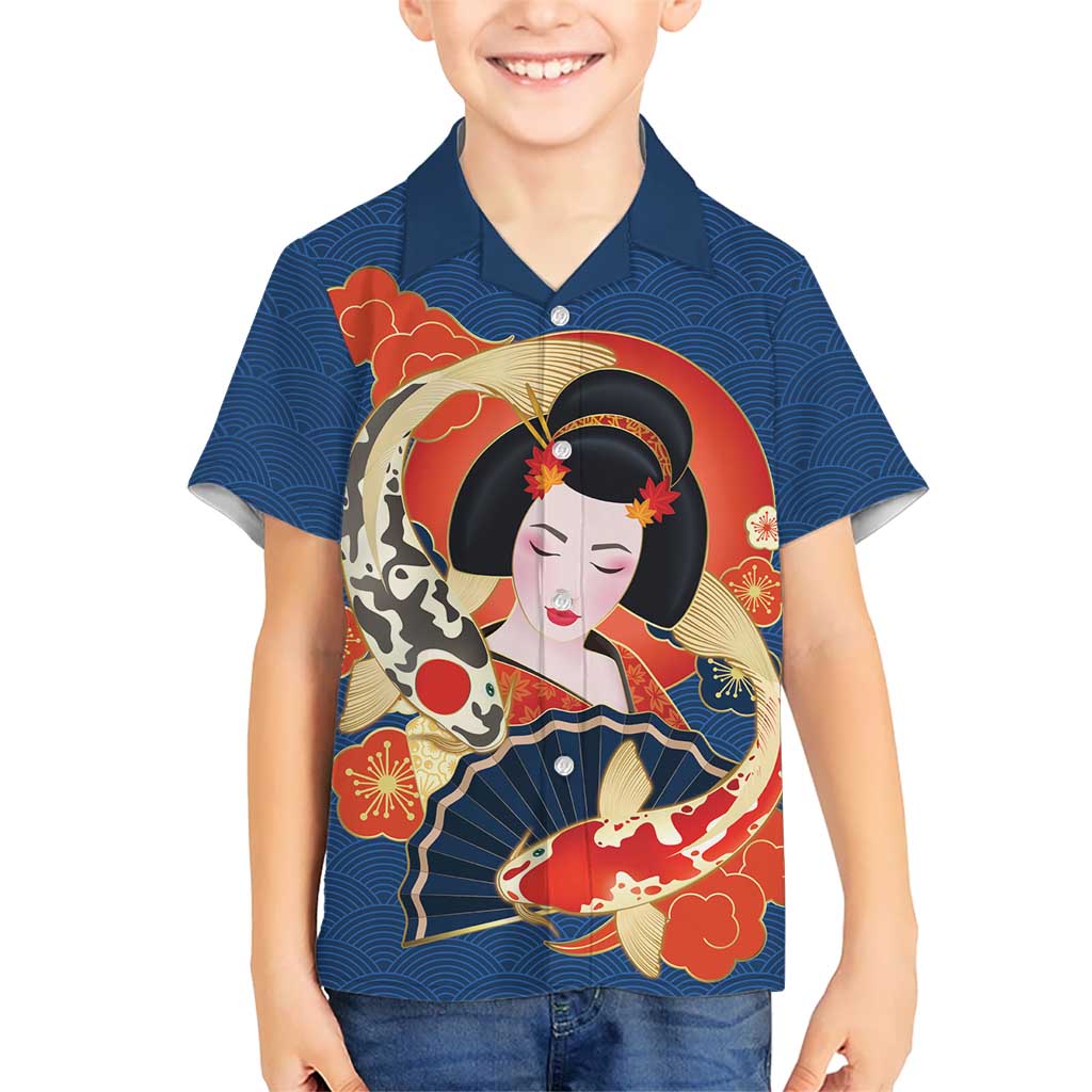 Japanese Geisha Koi Fish Family Matching Off Shoulder Maxi Dress and Hawaiian Shirt Cherry Blossoms Blue Seigaiha Pattern LT14 Son's Shirt Blue - Polynesian Pride