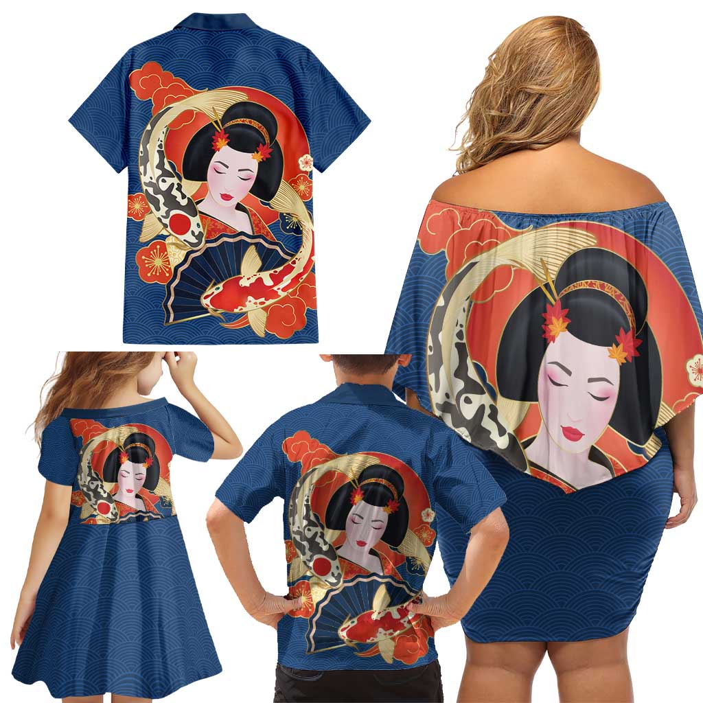 Japanese Geisha Koi Fish Family Matching Off Shoulder Short Dress and Hawaiian Shirt Cherry Blossoms Blue Seigaiha Pattern LT14 - Polynesian Pride
