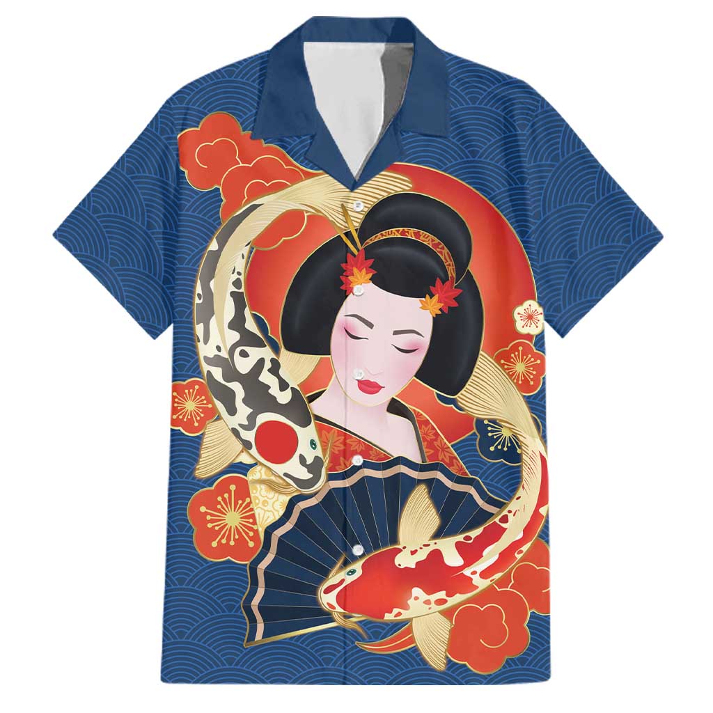 Japanese Geisha Koi Fish Family Matching Off Shoulder Short Dress and Hawaiian Shirt Cherry Blossoms Blue Seigaiha Pattern LT14 Dad's Shirt - Short Sleeve Blue - Polynesian Pride