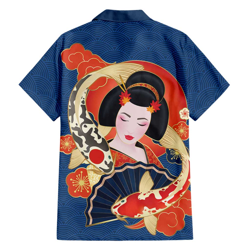 Japanese Geisha Koi Fish Family Matching Off Shoulder Short Dress and Hawaiian Shirt Cherry Blossoms Blue Seigaiha Pattern LT14 - Polynesian Pride