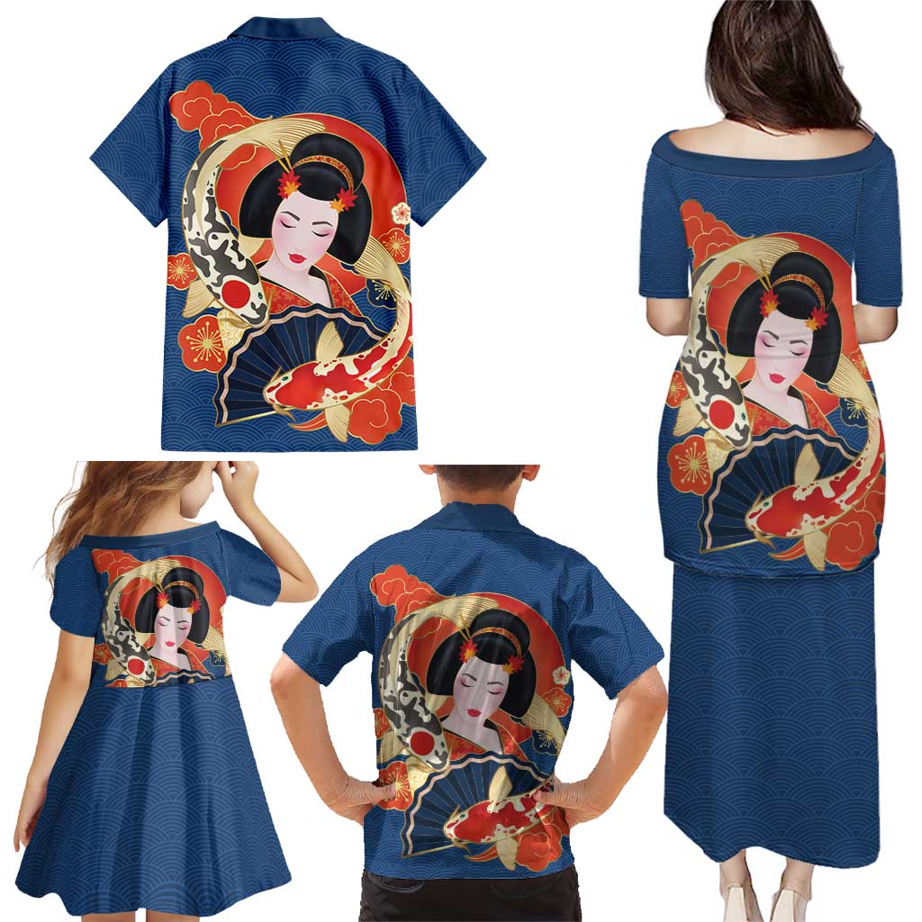 Japanese Geisha Koi Fish Family Matching Puletasi and Hawaiian Shirt Cherry Blossoms Blue Seigaiha Pattern - Polynesian Pride