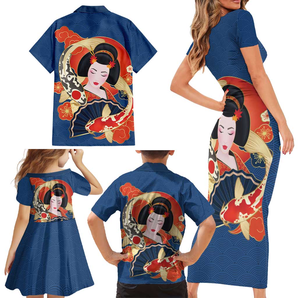 Japanese Geisha Koi Fish Family Matching Short Sleeve Bodycon Dress and Hawaiian Shirt Cherry Blossoms Blue Seigaiha Pattern LT14 - Polynesian Pride