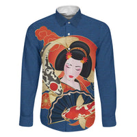 Japanese Geisha Koi Fish Family Matching Short Sleeve Bodycon Dress and Hawaiian Shirt Cherry Blossoms Blue Seigaiha Pattern LT14 Dad's Shirt - Long Sleeve Blue - Polynesian Pride