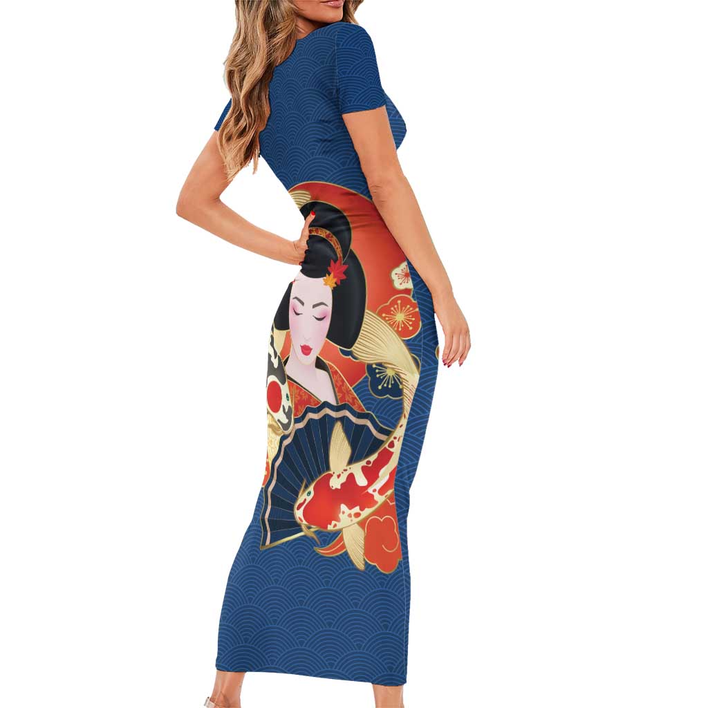 Japanese Geisha Koi Fish Family Matching Short Sleeve Bodycon Dress and Hawaiian Shirt Cherry Blossoms Blue Seigaiha Pattern LT14 - Polynesian Pride