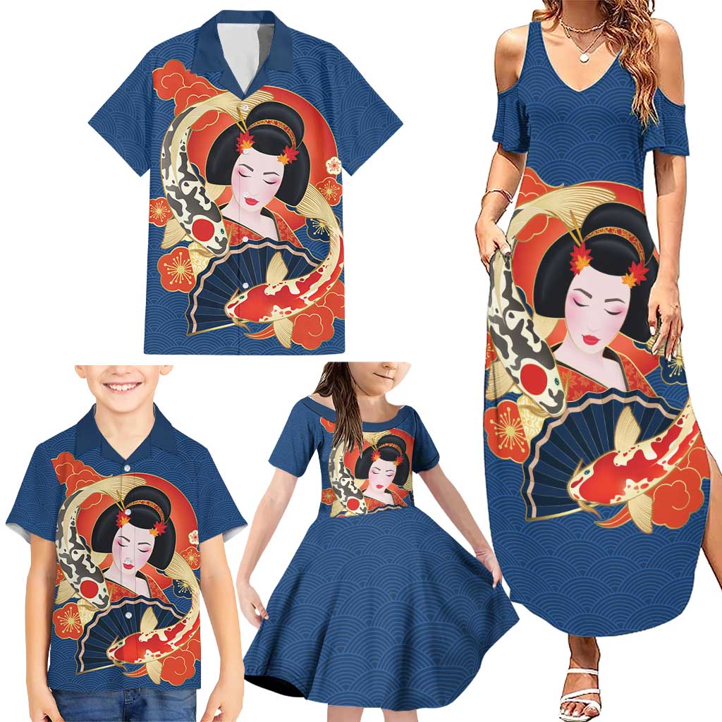 Japanese Geisha Koi Fish Family Matching Summer Maxi Dress and Hawaiian Shirt Cherry Blossoms Blue Seigaiha Pattern LT14 - Polynesian Pride