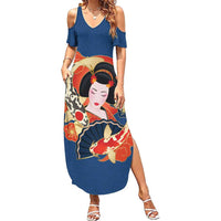 Japanese Geisha Koi Fish Family Matching Summer Maxi Dress and Hawaiian Shirt Cherry Blossoms Blue Seigaiha Pattern LT14 Mom's Dress Blue - Polynesian Pride
