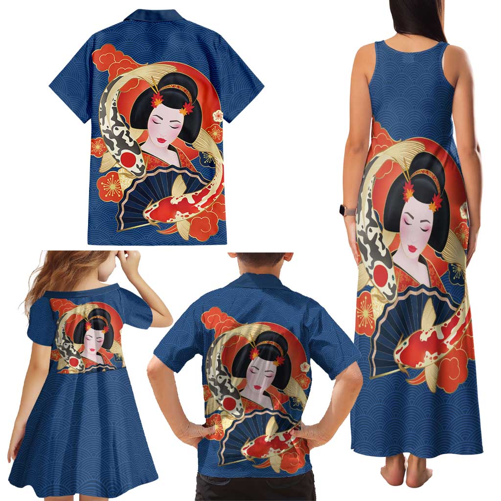 Japanese Geisha Koi Fish Family Matching Tank Maxi Dress and Hawaiian Shirt Cherry Blossoms Blue Seigaiha Pattern LT14 - Polynesian Pride