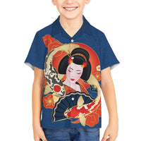 Japanese Geisha Koi Fish Family Matching Tank Maxi Dress and Hawaiian Shirt Cherry Blossoms Blue Seigaiha Pattern LT14 Son's Shirt Blue - Polynesian Pride