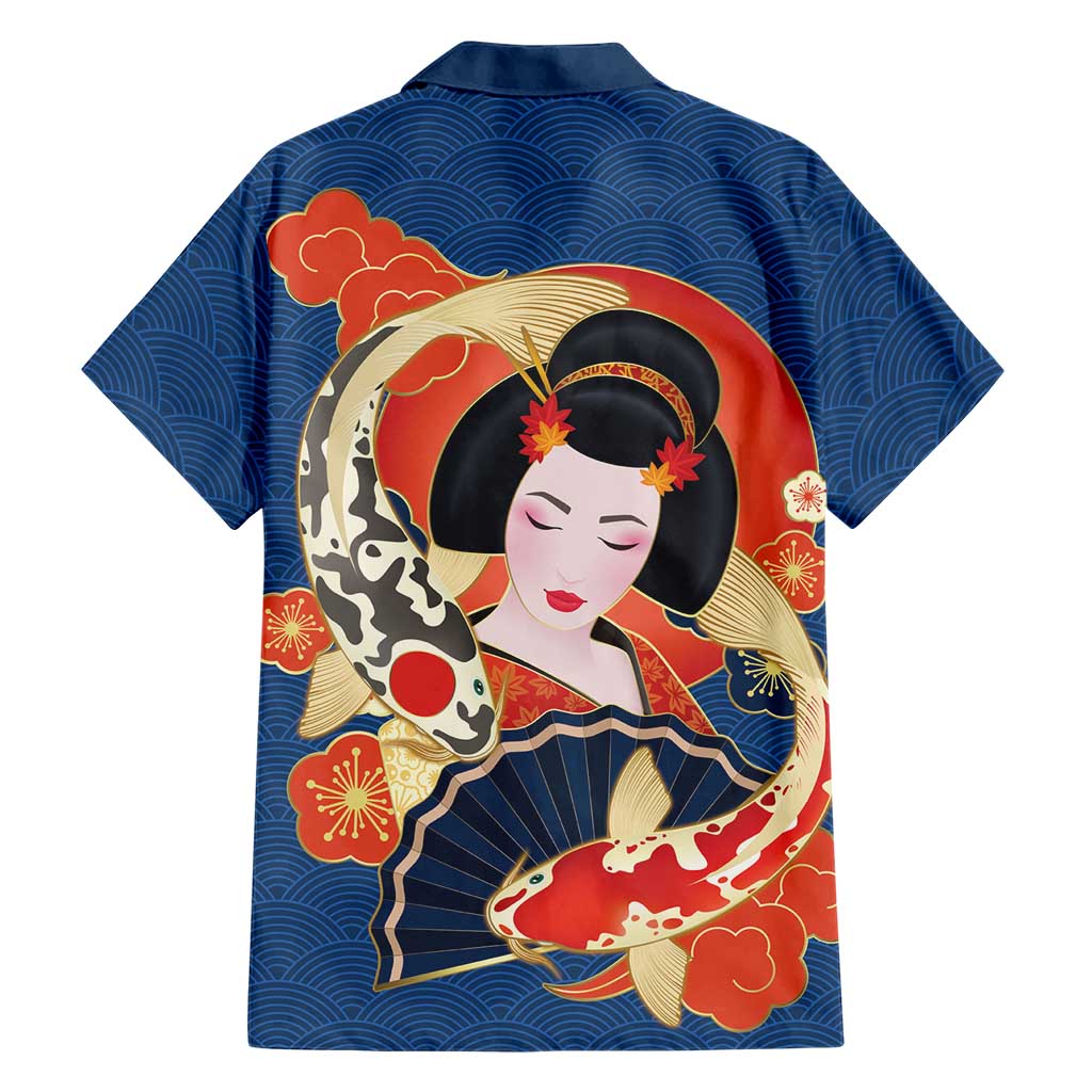Japanese Geisha Koi Fish Hawaiian Shirt Cherry Blossoms Blue Seigaiha Pattern - Polynesian Pride