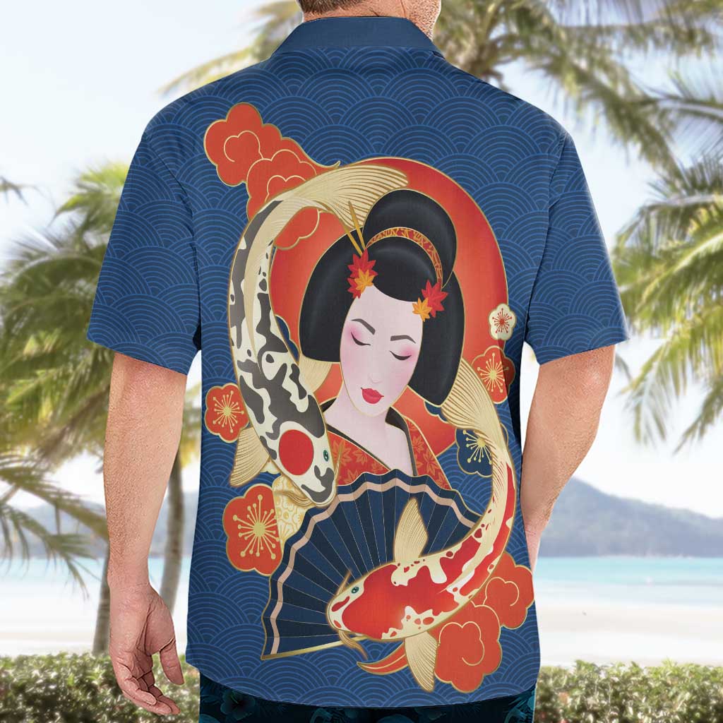 Japanese Geisha Koi Fish Hawaiian Shirt Cherry Blossoms Blue Seigaiha Pattern - Polynesian Pride