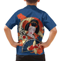 Japanese Geisha Koi Fish Kid Hawaiian Shirt Cherry Blossoms Blue Seigaiha Pattern - Polynesian Pride