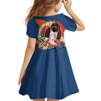 Japanese Geisha Koi Fish Kid Short Sleeve Dress Cherry Blossoms Blue Seigaiha Pattern - Polynesian Pride
