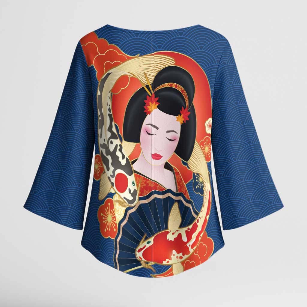 Japanese Geisha Koi Fish Kimono Sleeve Blouse Cherry Blossoms Blue Seigaiha Pattern - Polynesian Pride