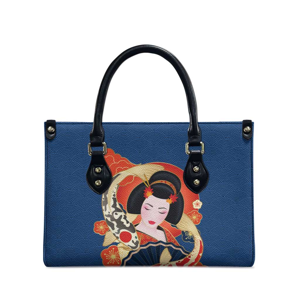 Japanese Geisha Koi Fish Leather Bag Cherry Blossoms Blue Seigaiha Pattern - Polynesian Pride