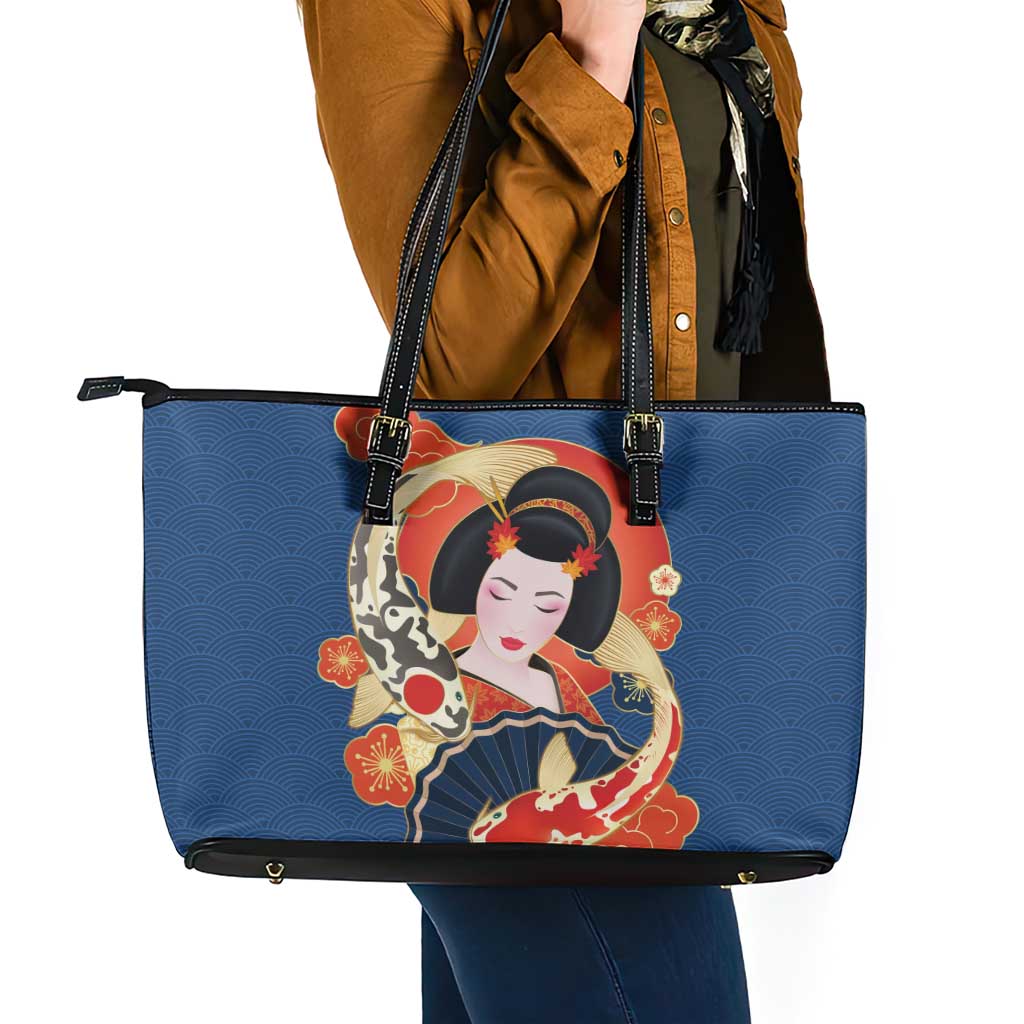 Japanese Geisha Koi Fish Leather Tote Bag Cherry Blossoms Blue Seigaiha Pattern - Polynesian Pride