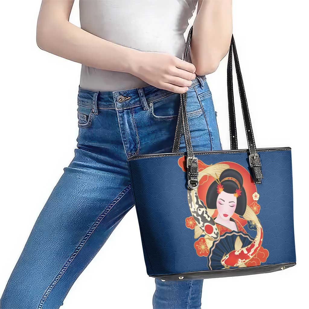 Japanese Geisha Koi Fish Leather Tote Bag Cherry Blossoms Blue Seigaiha Pattern - Polynesian Pride