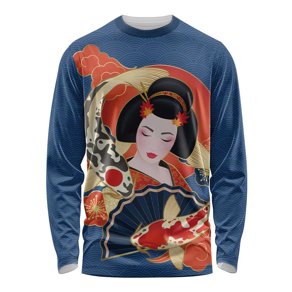 Japanese Geisha Koi Fish Long Sleeve Shirt Cherry Blossoms Blue Seigaiha Pattern - Polynesian Pride