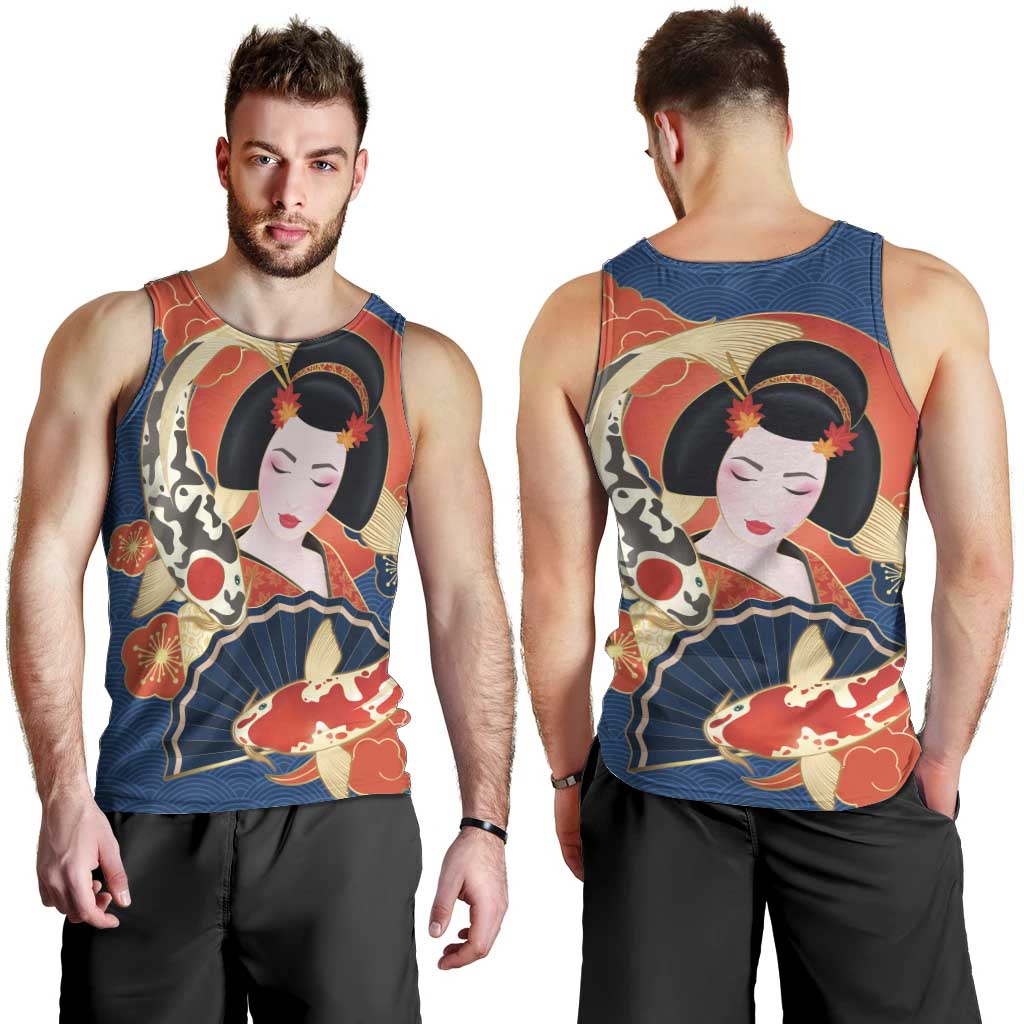 Japanese Geisha Koi Fish Men Tank Top Cherry Blossoms Blue Seigaiha Pattern - Polynesian Pride