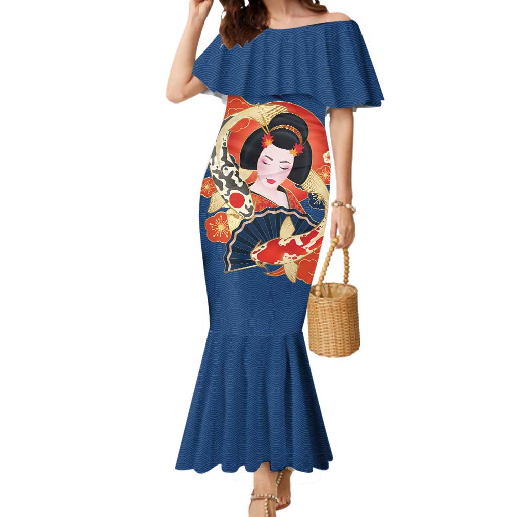 Japanese Geisha Koi Fish Mermaid Dress Cherry Blossoms Blue Seigaiha Pattern LT14 Women Blue - Polynesian Pride