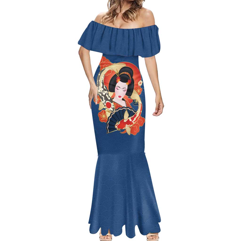 Japanese Geisha Koi Fish Mermaid Dress Cherry Blossoms Blue Seigaiha Pattern - Polynesian Pride