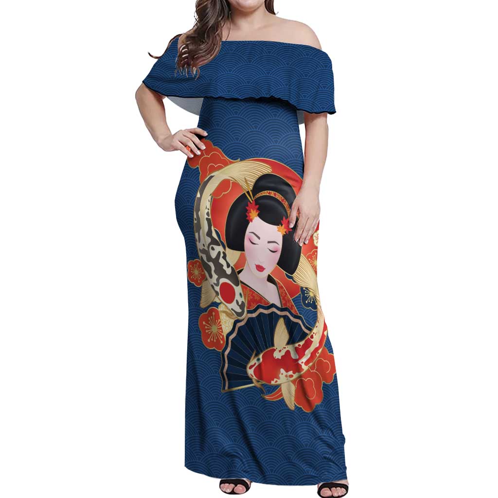 Japanese Geisha Koi Fish Off Shoulder Maxi Dress Cherry Blossoms Blue Seigaiha Pattern - Polynesian Pride