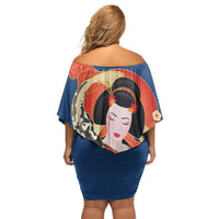 Japanese Geisha Koi Fish Off Shoulder Short Dress Cherry Blossoms Blue Seigaiha Pattern - Polynesian Pride