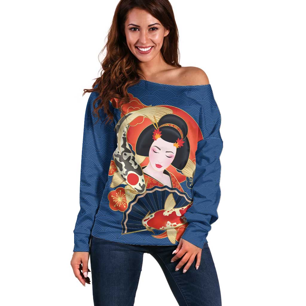 Japanese Geisha Koi Fish Off Shoulder Sweater Cherry Blossoms Blue Seigaiha Pattern - Polynesian Pride