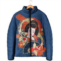 Japanese Geisha Koi Fish Padded Jacket Cherry Blossoms Blue Seigaiha Pattern - Polynesian Pride