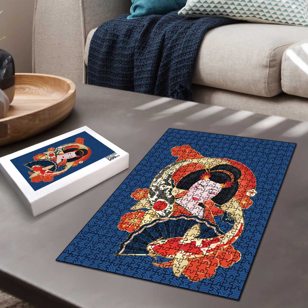 Japanese Geisha Koi Fish Puzzle Cherry Blossoms Blue Seigaiha Pattern - Polynesian Pride
