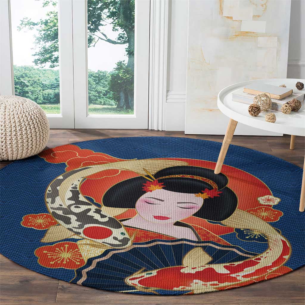 Japanese Geisha Koi Fish Round Carpet Cherry Blossoms Blue Seigaiha Pattern - Polynesian Pride