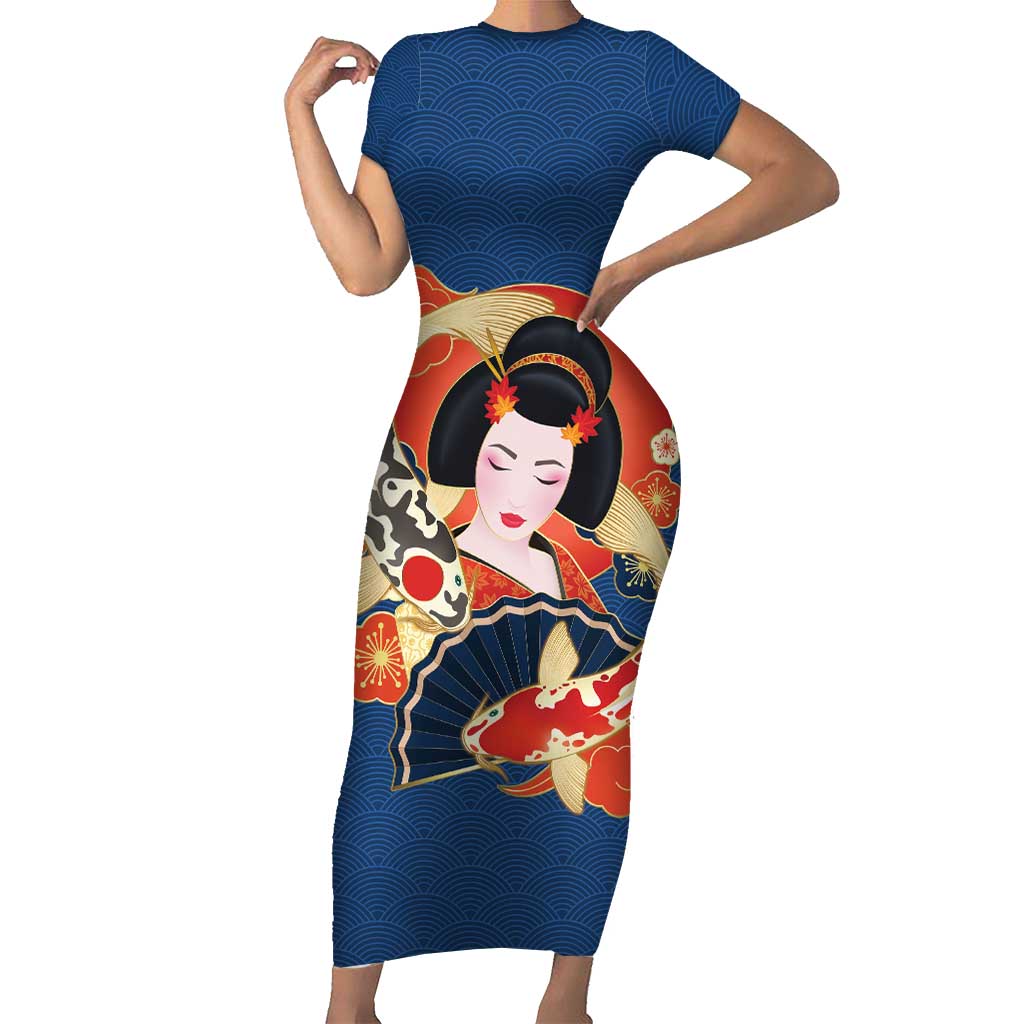 Japanese Geisha Koi Fish Short Sleeve Bodycon Dress Cherry Blossoms Blue Seigaiha Pattern LT14 Long Dress Blue - Polynesian Pride