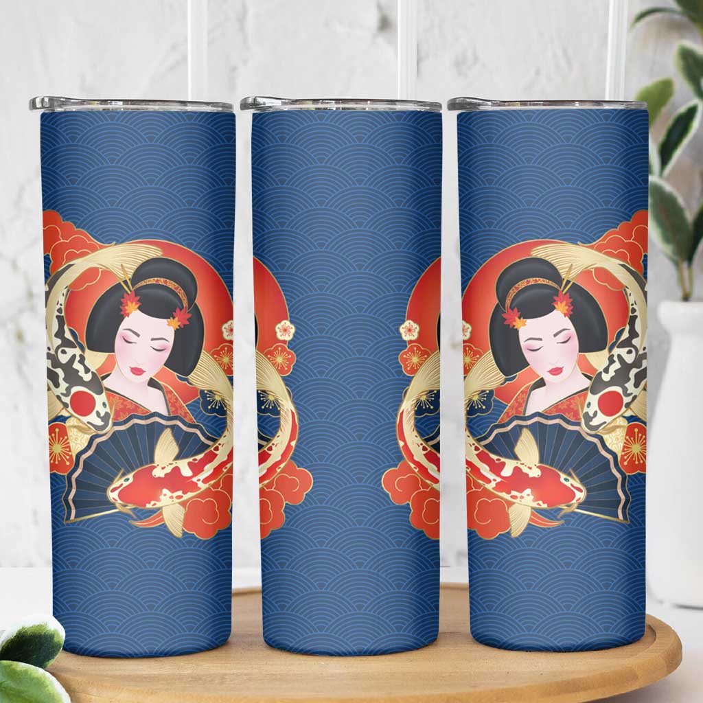 Japanese Geisha Koi Fish Skinny Tumbler Cherry Blossoms Blue Seigaiha Pattern - Polynesian Pride