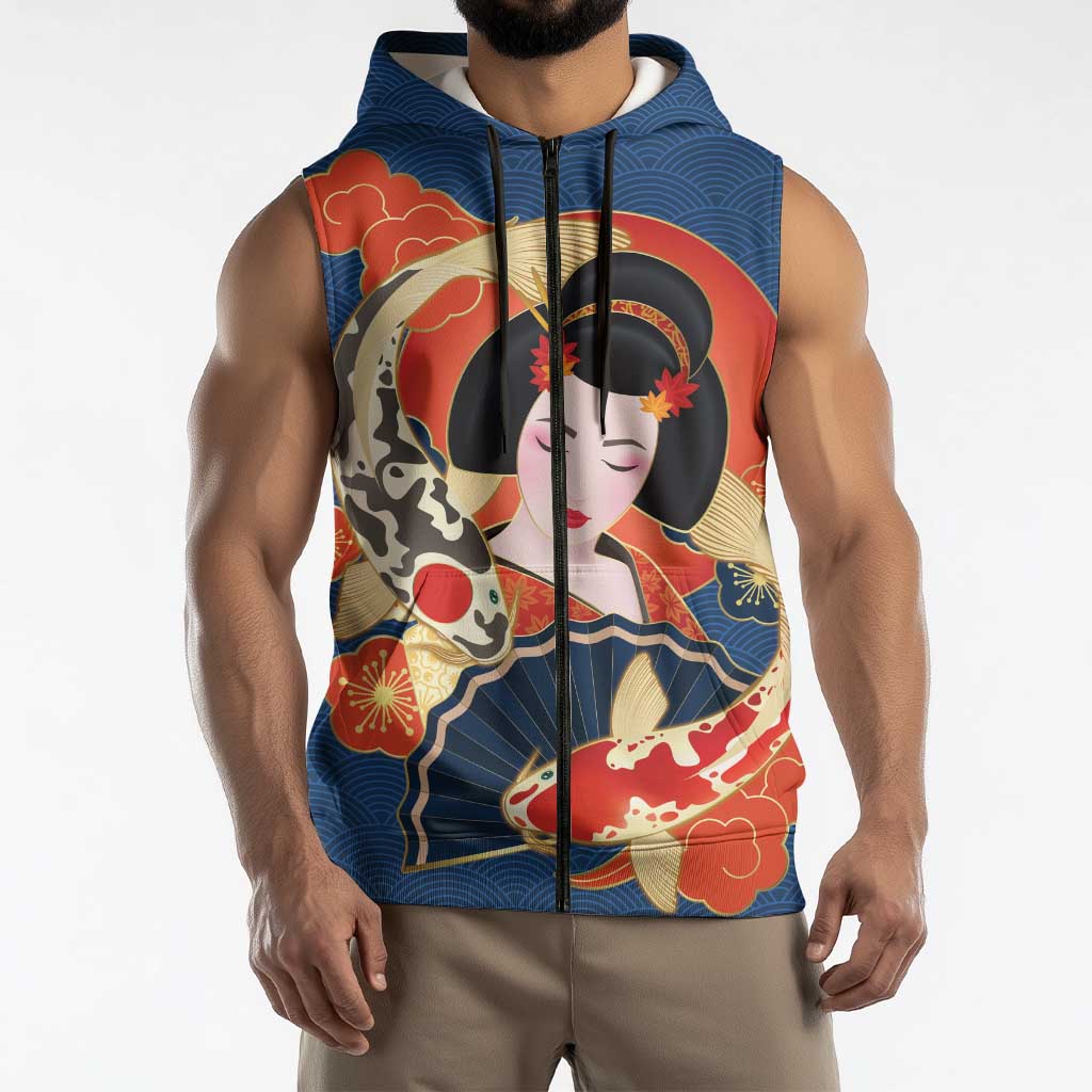 Japanese Geisha Koi Fish Sleeveless Zip Hoodie Cherry Blossoms Blue Seigaiha Pattern - Polynesian Pride